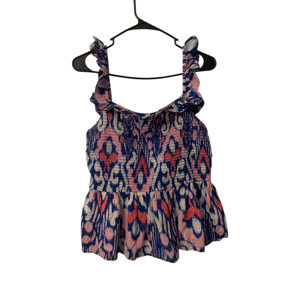 Smocked Ruffle Strap Tank Top - Blue & Pink Ikat